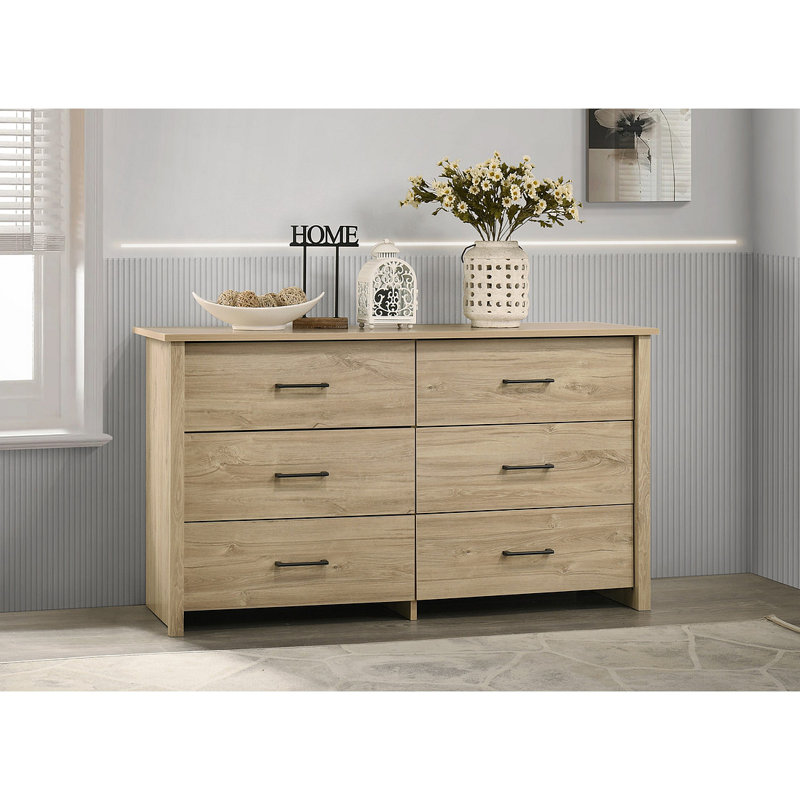 Commode 6 tiroirs 57 po avec poignées, Chêne clair