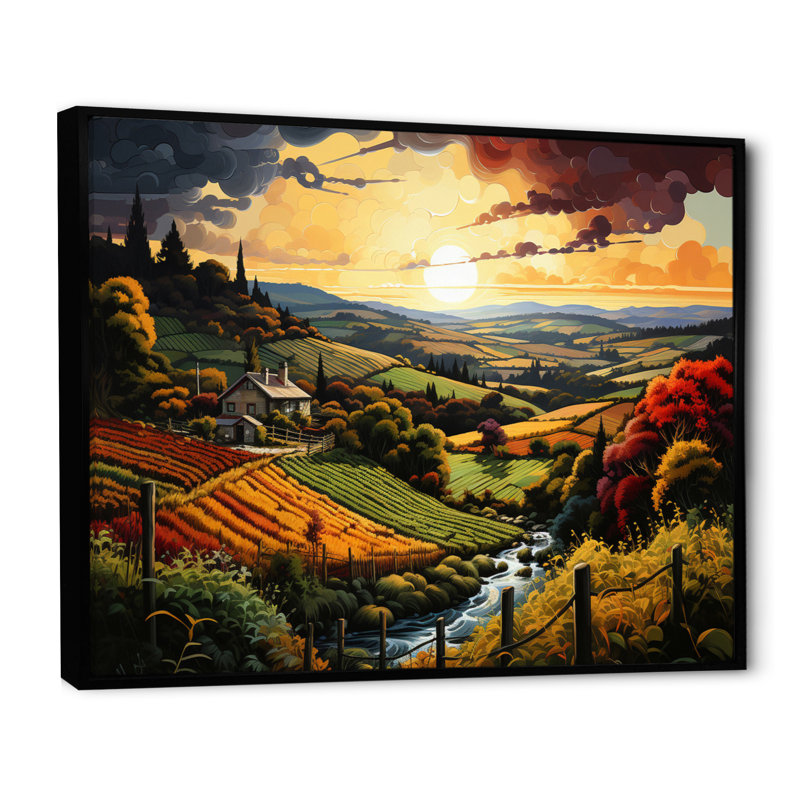 Vert, orange, vignoble, rêves pastoraux, H 12 po x l 20 po x P 1 po, Cadre flottant noir