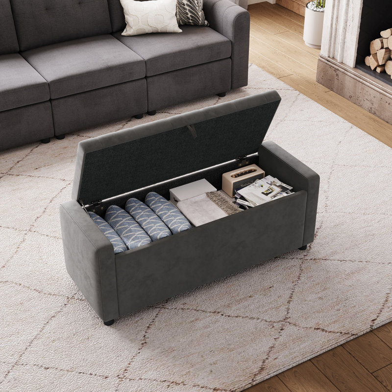 Banc de rangement rembourré Benedetto, Velours gris Lustro