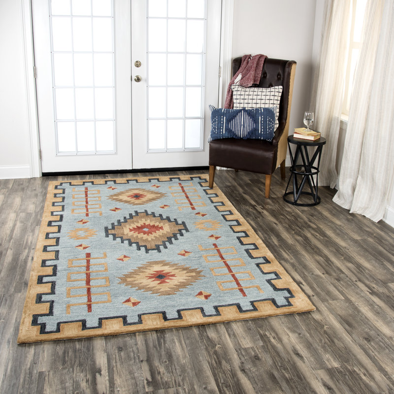 Tapis bleu clair/beige en laine touffeté à la main Potts, Rectangle 5 pi x 8 pi