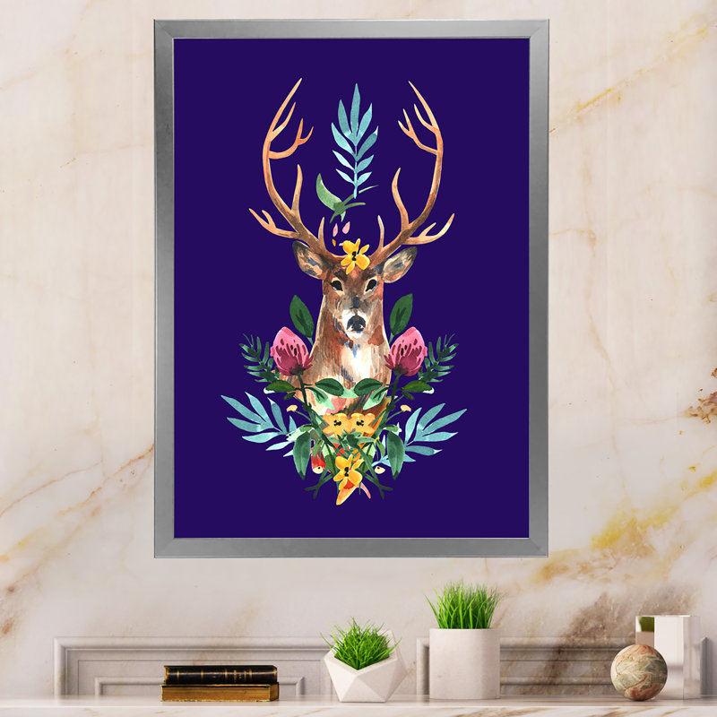 Cute Christmas Deer Portrait " Cute Christmas Deer Portrait ", 40" H x 30" W x 1.5" D, Silver Picture Frame Canvas