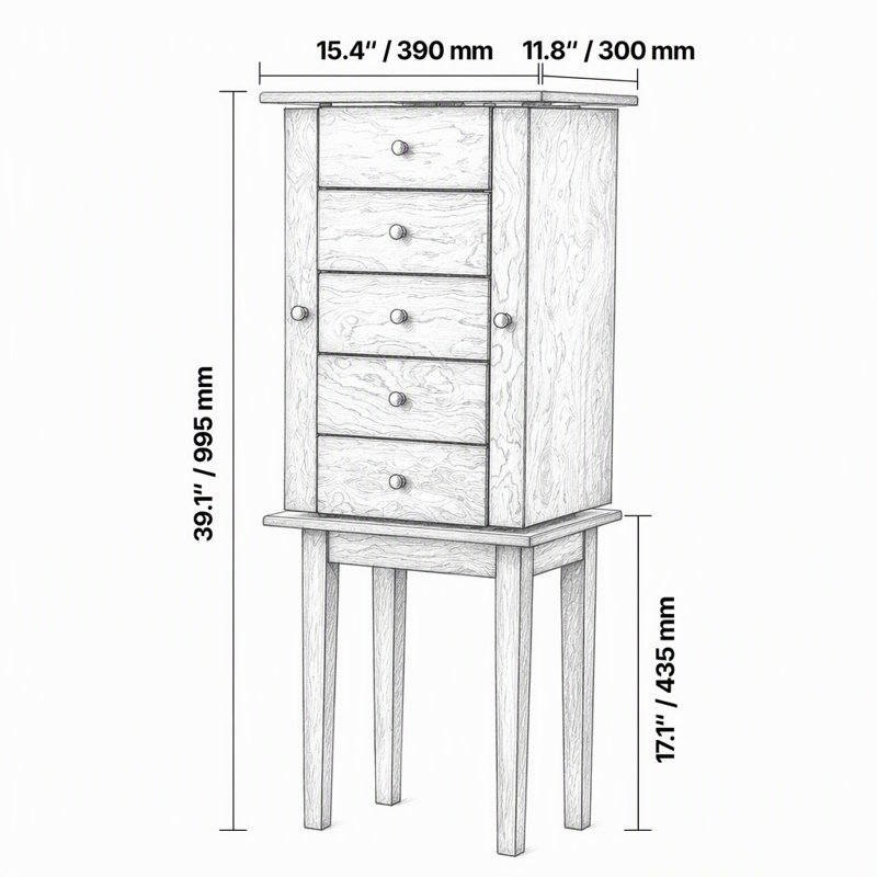 Armoire à bijoux en bois sur pied avec miroir rabattable et tiroirs spacieux pour un rangement élégant
