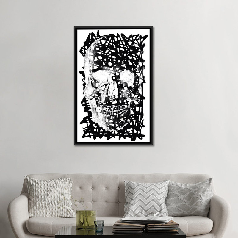 Albree Modern Black Splatter Skull, impression sur toile, H 48 po x l 32 po x P 1,5 po, Toile avec cadre noir, Pas de tapis