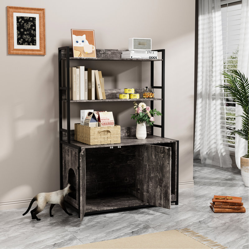 Armoire d'intérieur pour chat avec teinte grise, étagère de rangement, portes doubles et bloc-notes, un bac à litière caché