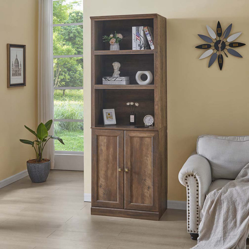 1 Doors Bookshelf with USB Port and 3 Open Shelves Bookcase Side Cabinet Storage Shelves, Rustic Brown, Brown