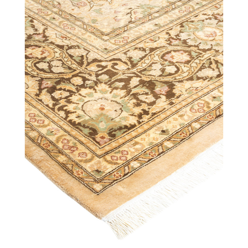 Tapis ivoire / brun clair noué à la main de conception unique 8 pi 2 po x 10 pi 5 po Mogul