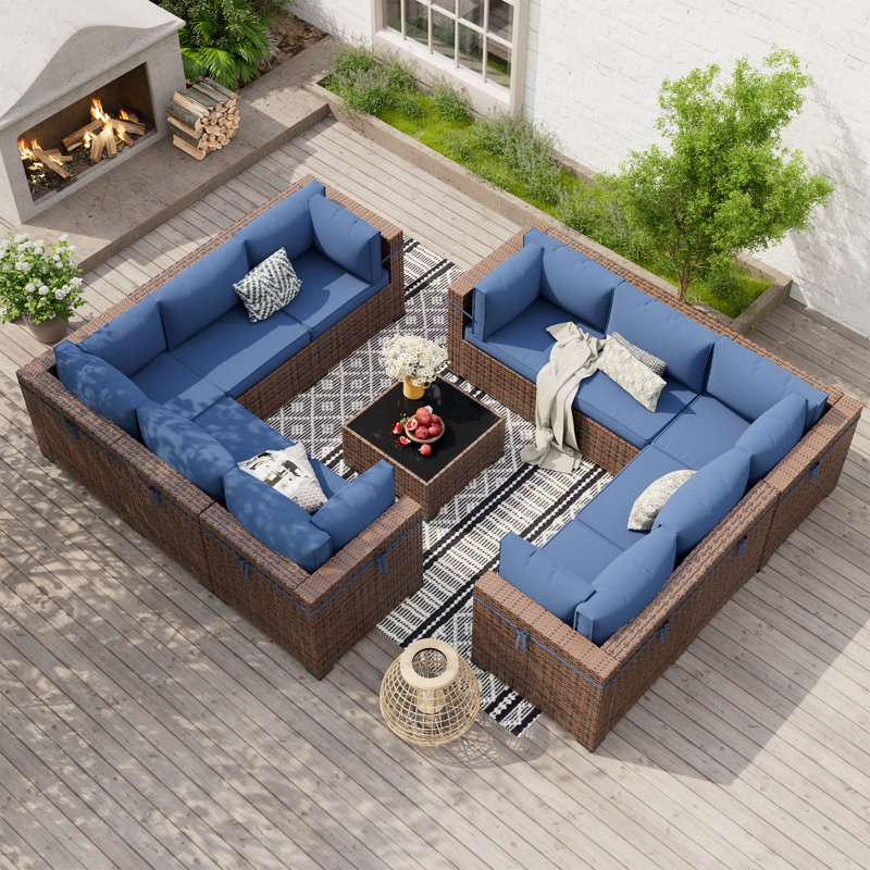 Dinyu Wicker 10 - Person Modular Patio Conversation Set with Cushions, Blue