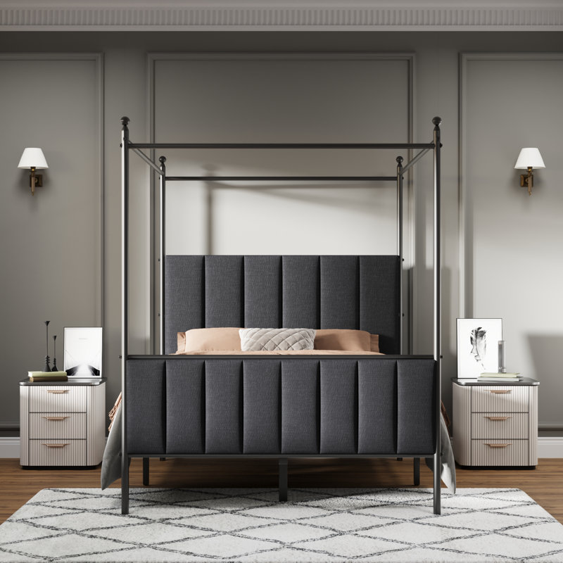 Upholstered Metal Canopy Bed, Beige, Queen