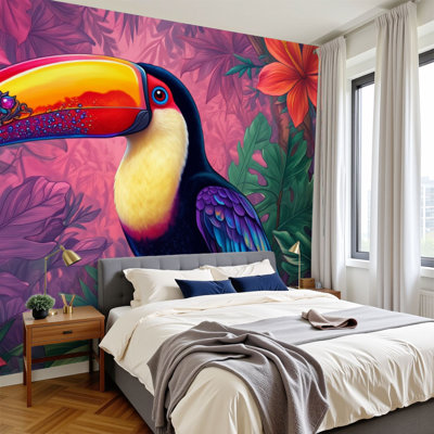 Boho Peel and Stick Wallpaper Colorful Toucan Bird Ornate Beak Vibrant Tropical Floral Jungle Wall Murals 100"H x 144"W Removable PVC Wall Paper Self-Adhesive Wall Paintings Art Decor for Bedroom Living Room