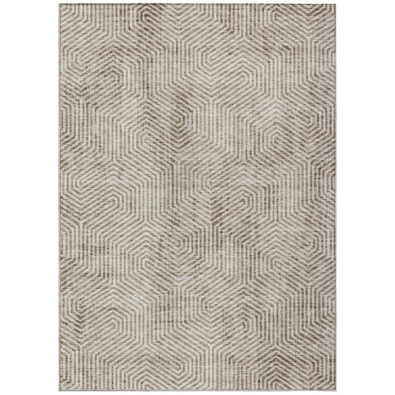 3' X 5' Taupe And Beige Geometric Washable Indoor Outdoor Area Rug