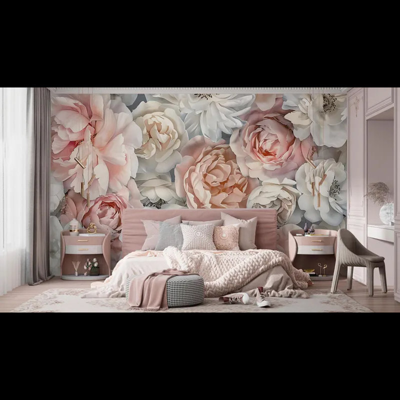 Elegant Soft Peony & Rose Bloom Luxury Floral Wallpaper, 138" L x 105.96" W