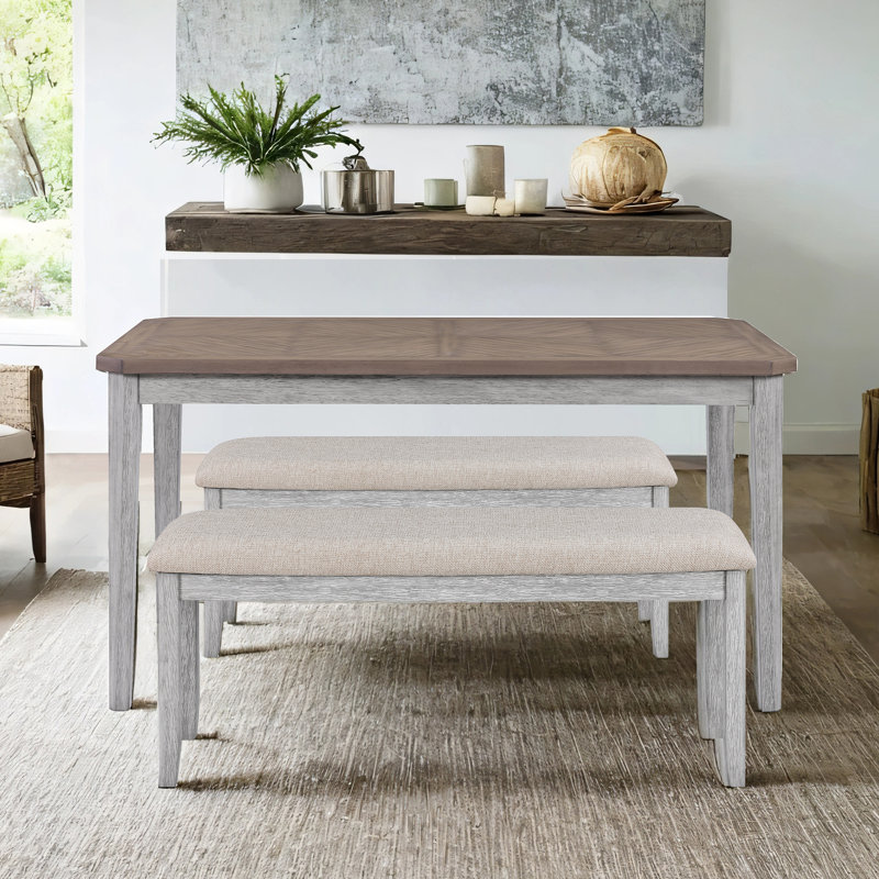 Ensemble de salle à manger 3 pièces en bois massif avec 2 bancs, Brun foncé, Beige / gris, Gris