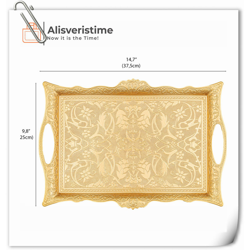 Gold Ottoman Turkish Zamak Serving Tray with Intricate Motifs