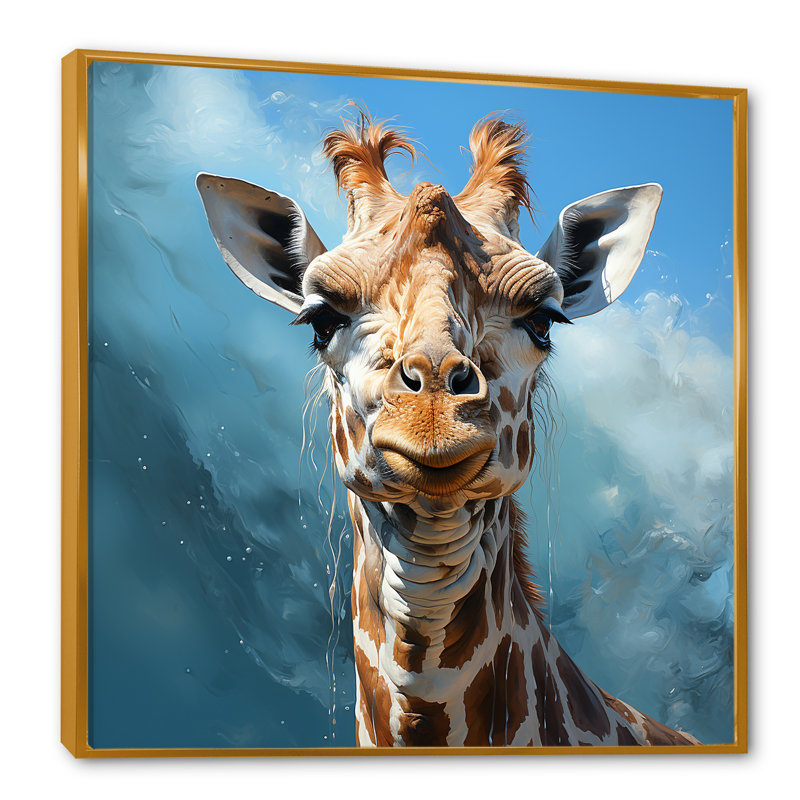 Girafe brune rêveuse à long cou sur toile, Cadre flottant doré, H 36 po x l 36 po x P 1,5 po