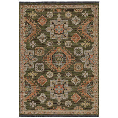 Tincie Bohemian Tribal Medallion Green / Terracotta Wool Blend Area Rug