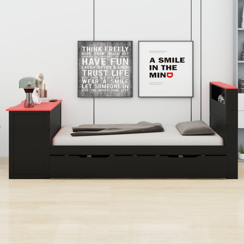 Innovative Wood Daybed with Trundle, Desk, LED Light & USB Connectivity, Twin, Black+Red