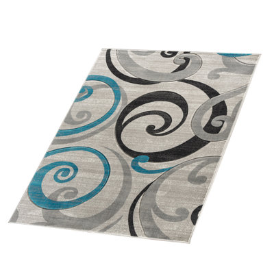 Modern Hand-Carved Swirl Area Rug In Silver Grey And Turquoise Soft Plush Glam Collection