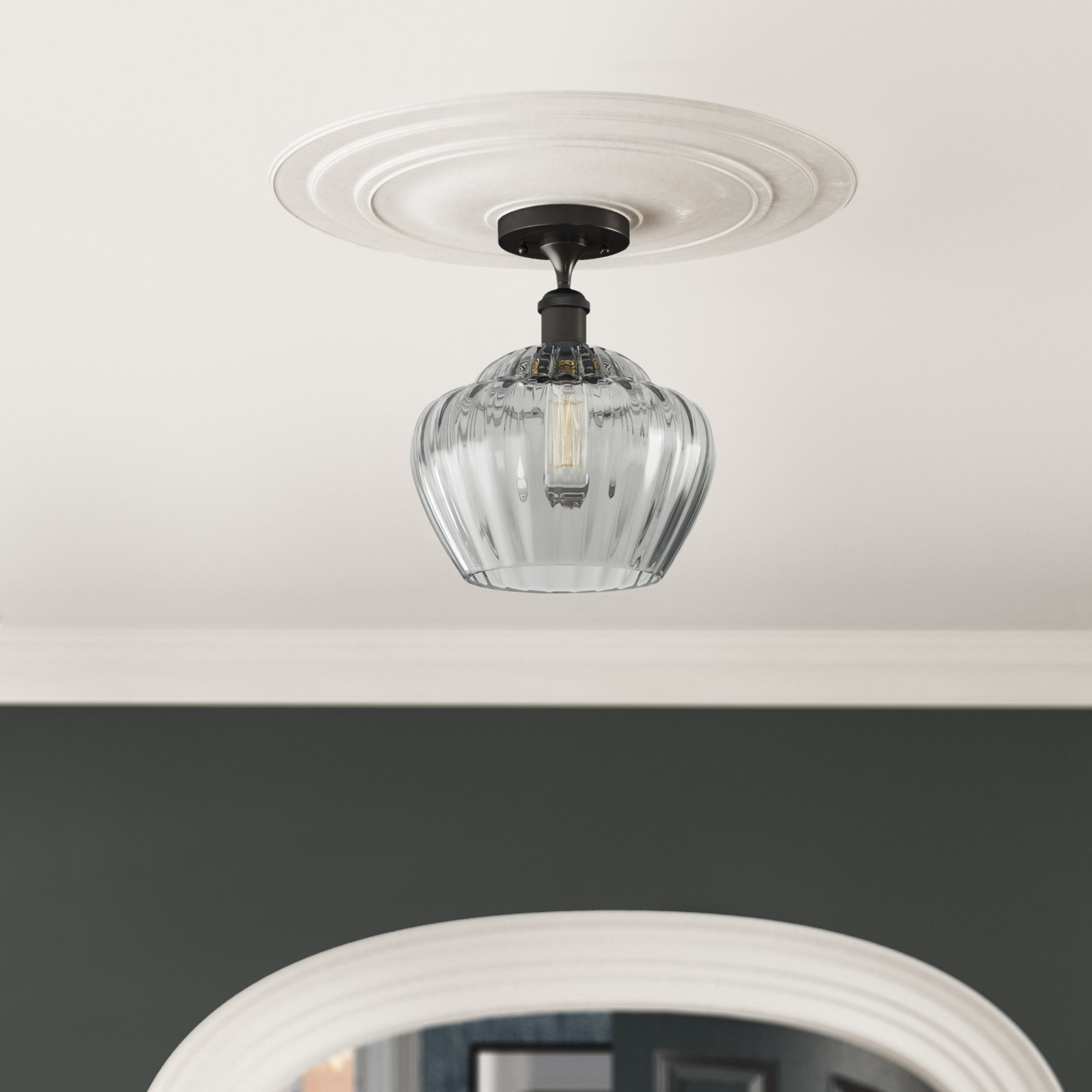 Renee Single Light Glass Semi Flush Mount, Matte Black, Clear, 6 Watt Vintage LED Bulb
