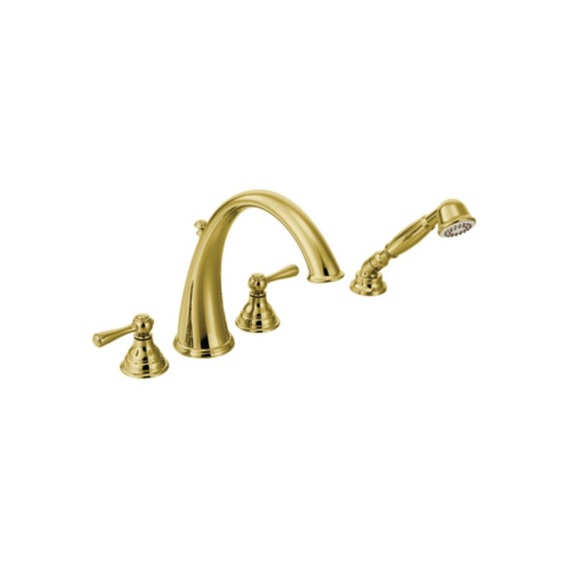 Kingsley Double Handle Deck Mounted Roman Tub Faucet Trim with Handshower, Polished Brass
