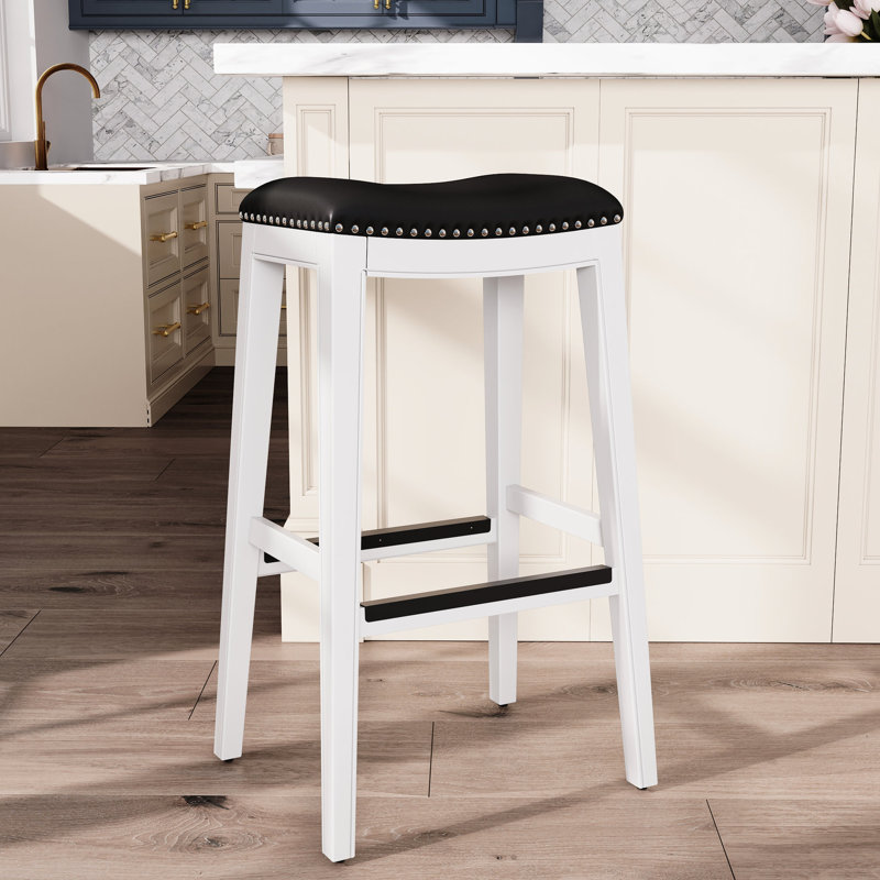 Tabouret de bar 30 po, blanc avec cuir noir, fabriqué pour une utilisation à long terme dans la cuisine et dans les décors