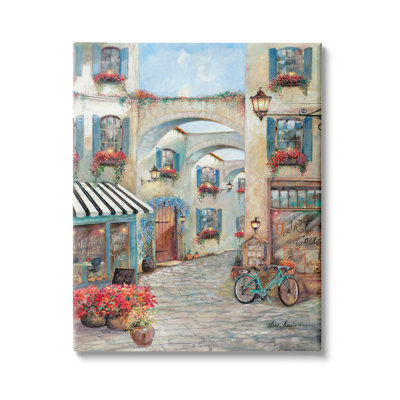 «European Village Traditional Town Square Bistro Flowers», art mural XXL sur toile tendue par Ruane Manning