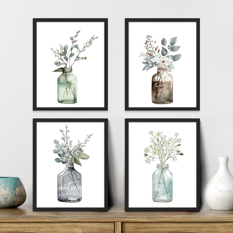 Plant In Bottle " IDEA4WALL Framed Pastel Forest Leaf Glass Vase Wall Art, Set Of 4 Nature Wilderness Wall Decor Prints, Botanical Floral Wall Decor For Living Room, Bedroom " 4 - Pieces