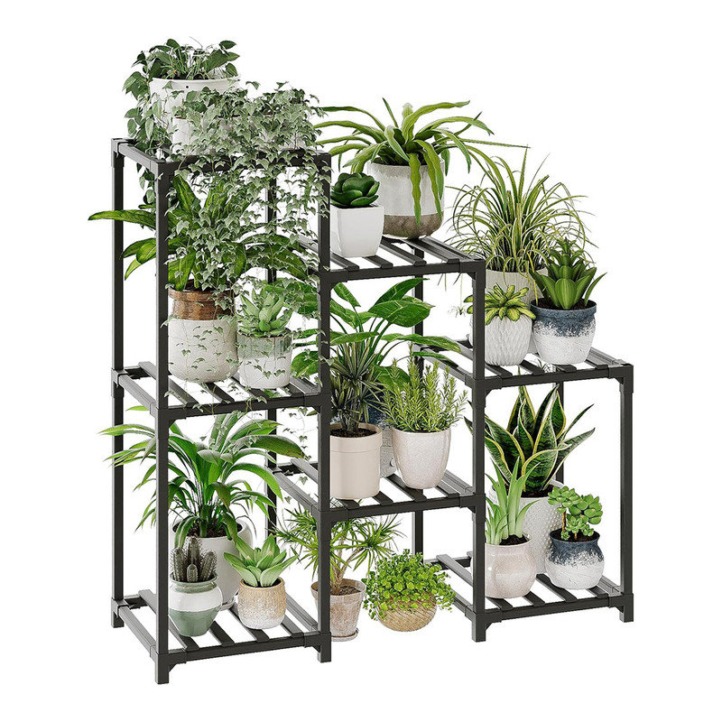 Black 3-Tier Bamboo Ladder Plant Stand for 7 Pots