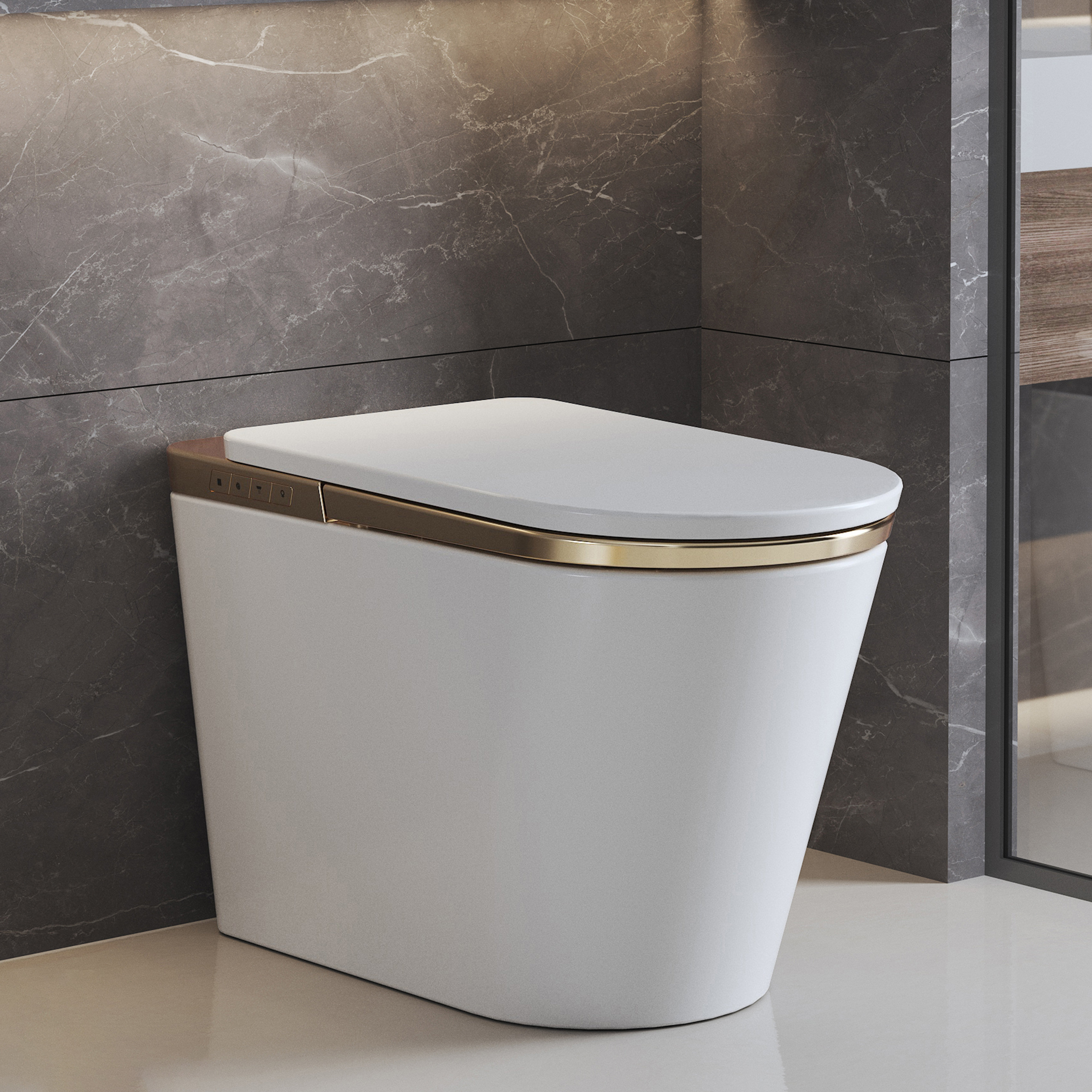 MEDUNJESS Gold Trim Smart Toilet 1.34 GPF With Heated Seat & Auto Flush ...