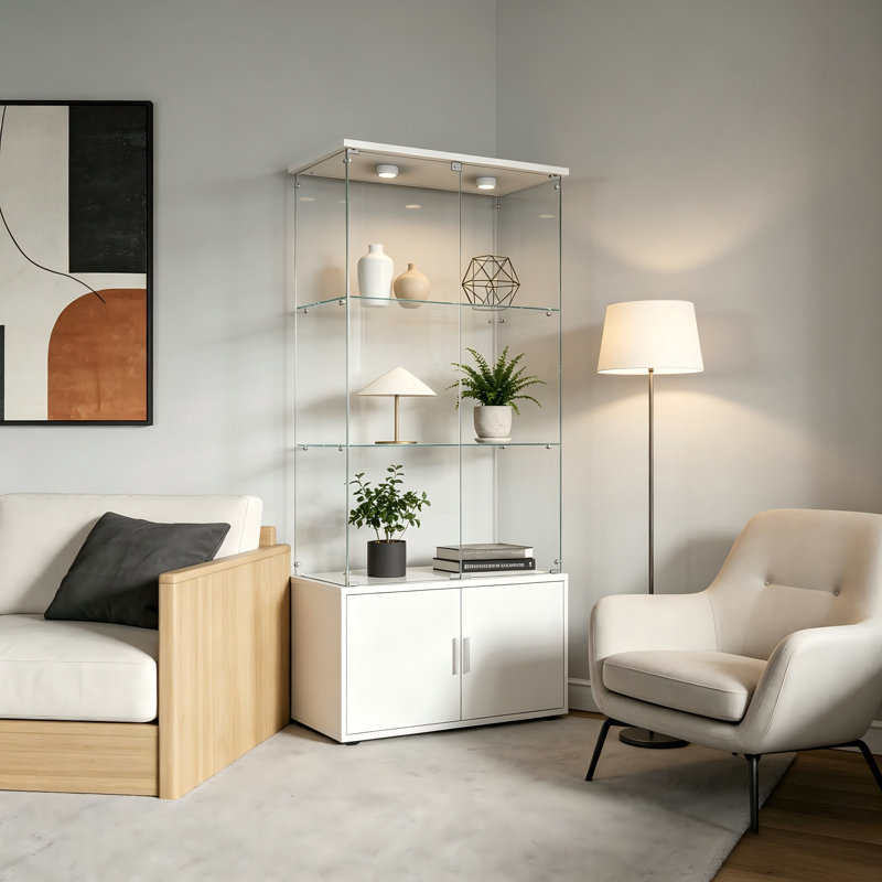 White Double-Door, Four-Layer Multi-Functional Storage Cabinet With Remote-Controlled Ambient Lighting And Adjustable Feet; Multi-Purpose Display Cabinet For Living Room.