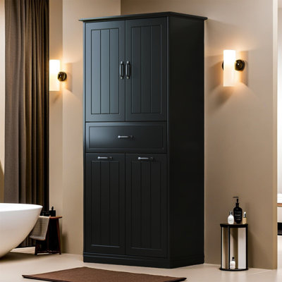 Modern Bathroom Storage Cabinet With Two Laundry Baskets, Doors And Drawer For Home Organization