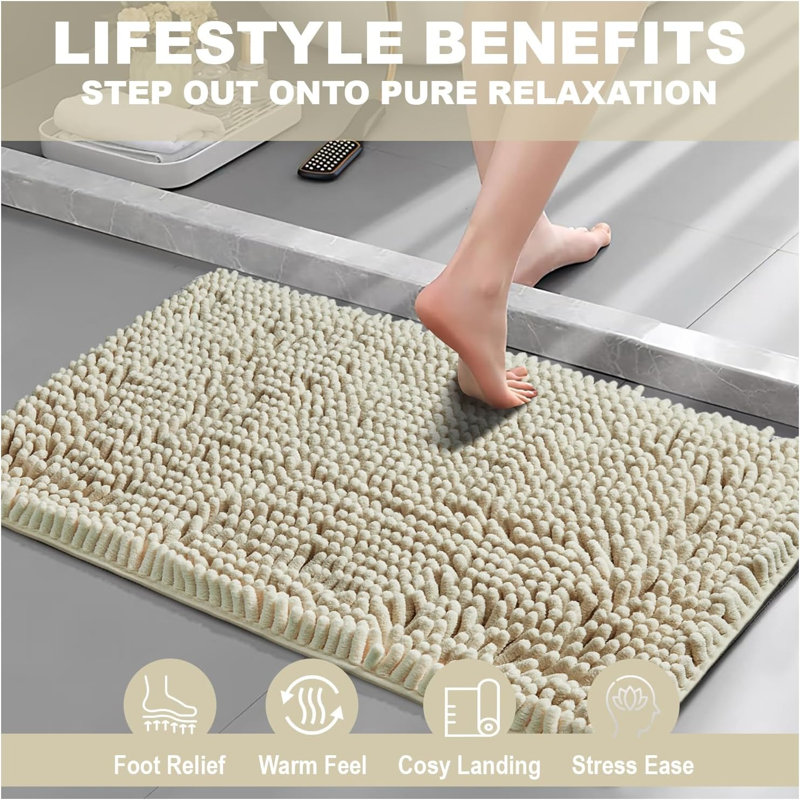 Chenille Bathroom Rug 50x80cm Plush Microfiber Bath Mat Absorbent Quick Dry Non Slip Rubber Back Machine Washable, Mocha
