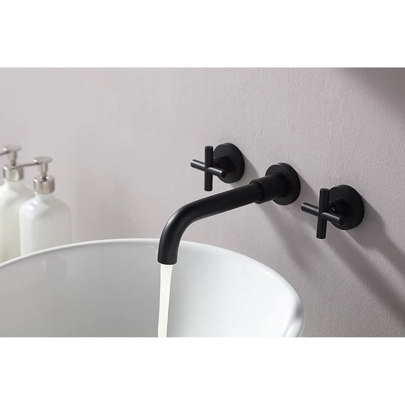 Matte Black Wall Mounted Bathroom Faucet With Double Cross Handles - To Rust & Corrosion, Scratches, Tarnish, And Spots 1.5 Gallons Per Minute Flow 8'' Spout Height, 7'' Reach 3'' Centers Deck Plate,