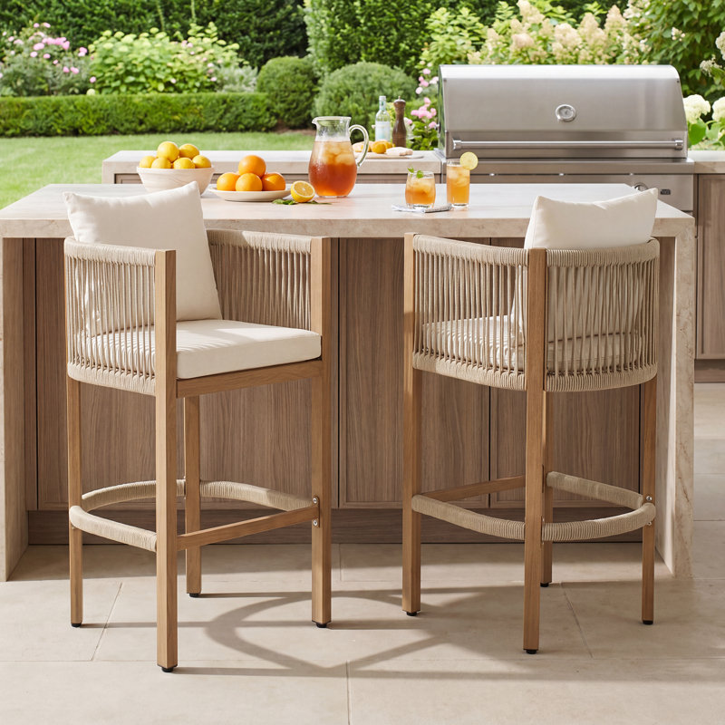 Ensemble de 2 chaises de patio et tabourets de bar en corde tissée avec accoudoirs pour l'intérieur et l'extérieur, Beige