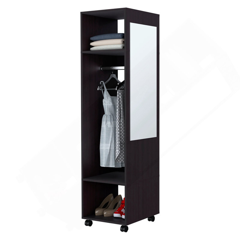 Armoire noire à 3 tablettes avec miroir et rangement ouvert