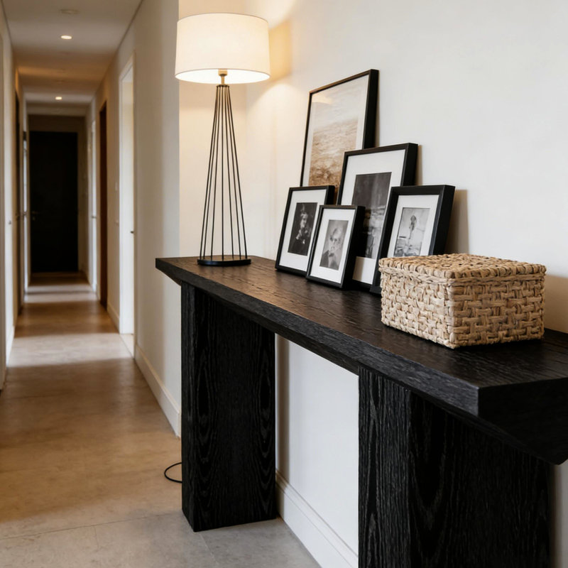 Table moderne triangulaire de 63 po pour le couloir - Construction, présentoir à surface élargie, base de salon de 64,75 po de profondeur, 31,06 po de hauteur, articles décoratifs