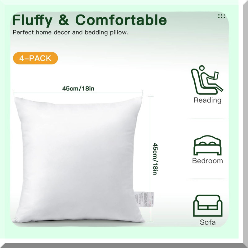 FluffPlump Square Pillow Inserts - Pack of 4 Soft Cushion Pads for Decorative Pillows - Inner Stuffer for Fluffy Comfort
