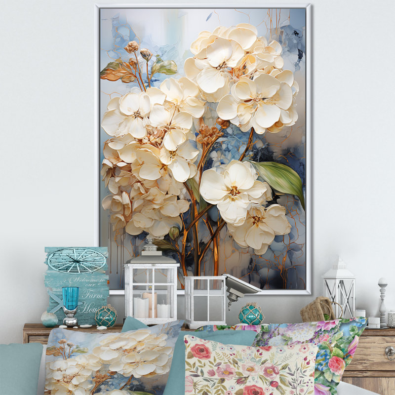 " Minimal Beige Hydrangea Grace I ", 20" H x 12" W x 1" D, White Floater Framed