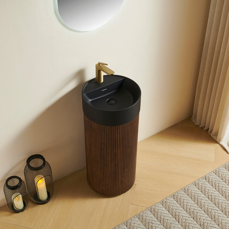 Armoire cylindrique autoportante de 16 po avec lavabo à surface solide ronde blanche avec trou de robinet, couvercle de lavabo, sans robinet et ensemble de bonde, couleur noyer