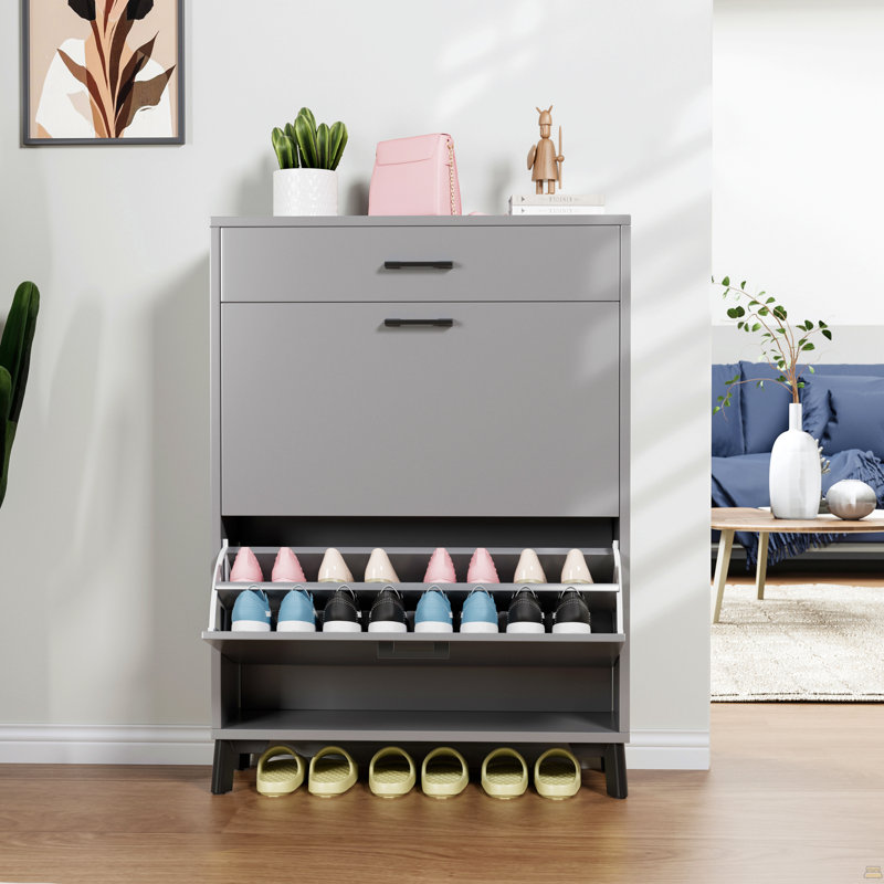 Rangement pour chaussures, range-chaussures autoportant avec 2 tiroirs rabattables, range-chaussures dissimulé, Gris