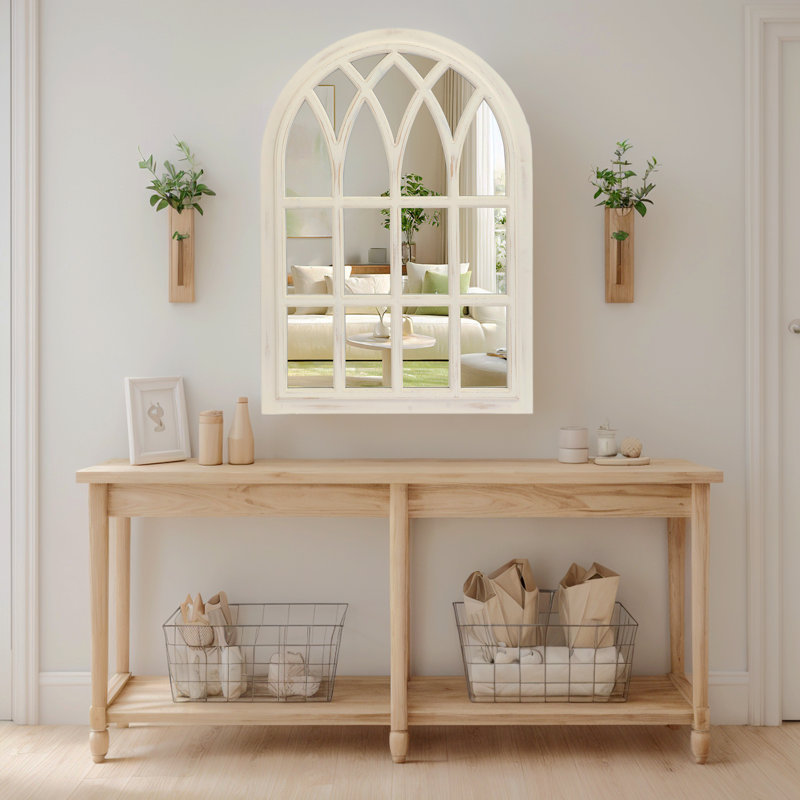 Distressed Solid Wood Arch Mirror, White