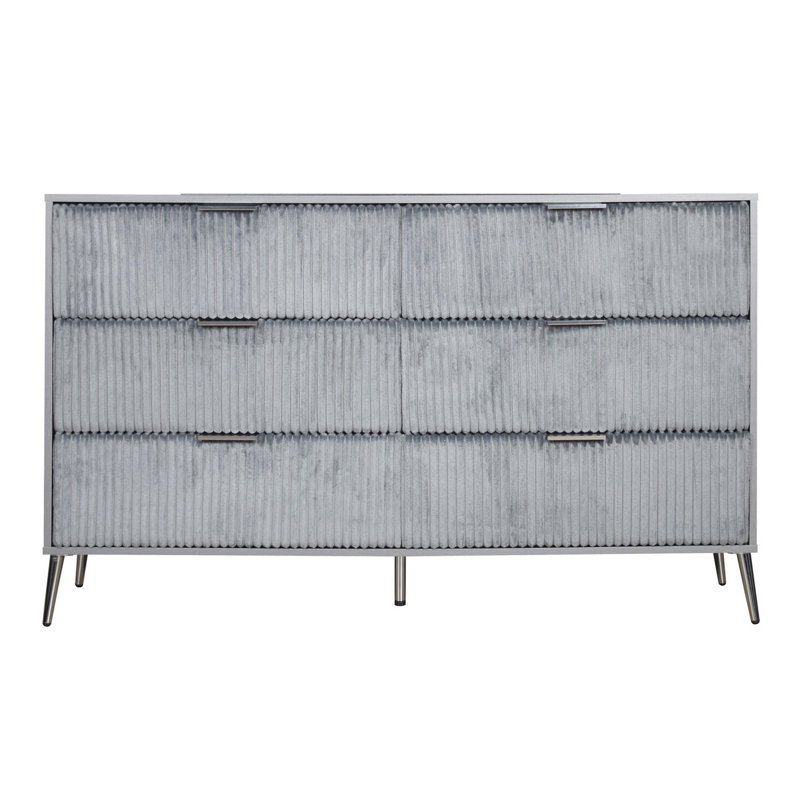 Commode large 58 po Moko, 6 tiroirs rembourrés, noir, doré, Gris /nickel