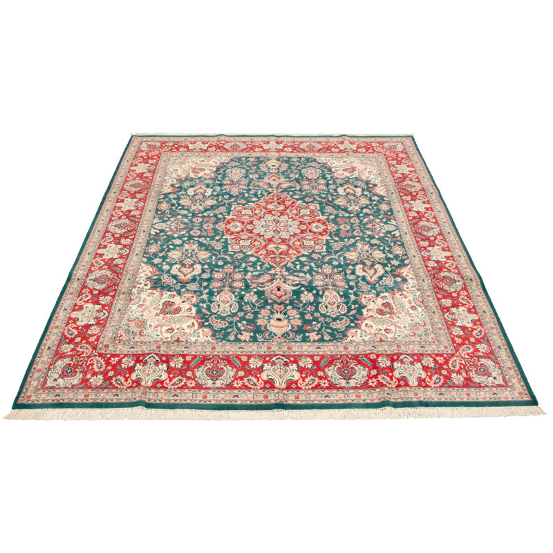 Tapis de bois one-of-kind-noué la 2010 tabrizs bleu/crème/crème/rouge 8 pi 3 po x 10 pi en laine 3 po Dundridge