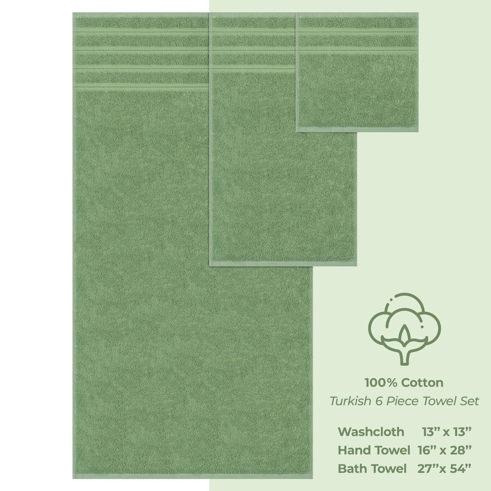 100% Cotton Premium Turkish Bath Towel Set, 6 Piece Super Soft and Absorbent Darcelle Collection, Sage Green