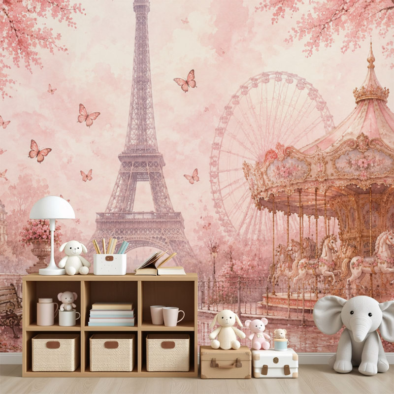 Papier peint auto-adhésif romantique rose à motif de carrousel tour Eiffel Paris, 96" L x 69" W