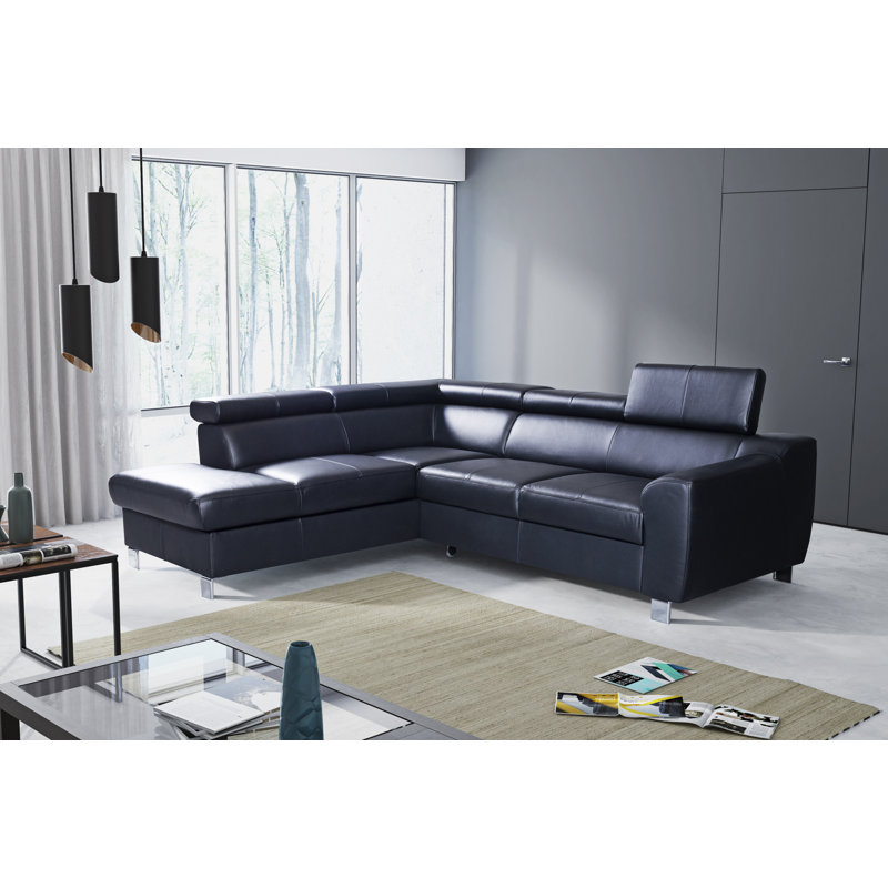 Aribel Faux Leather Corner Sofa with Sleeping Function and Storage Box with Adjustable Headrests , Black, Left Hand Facing