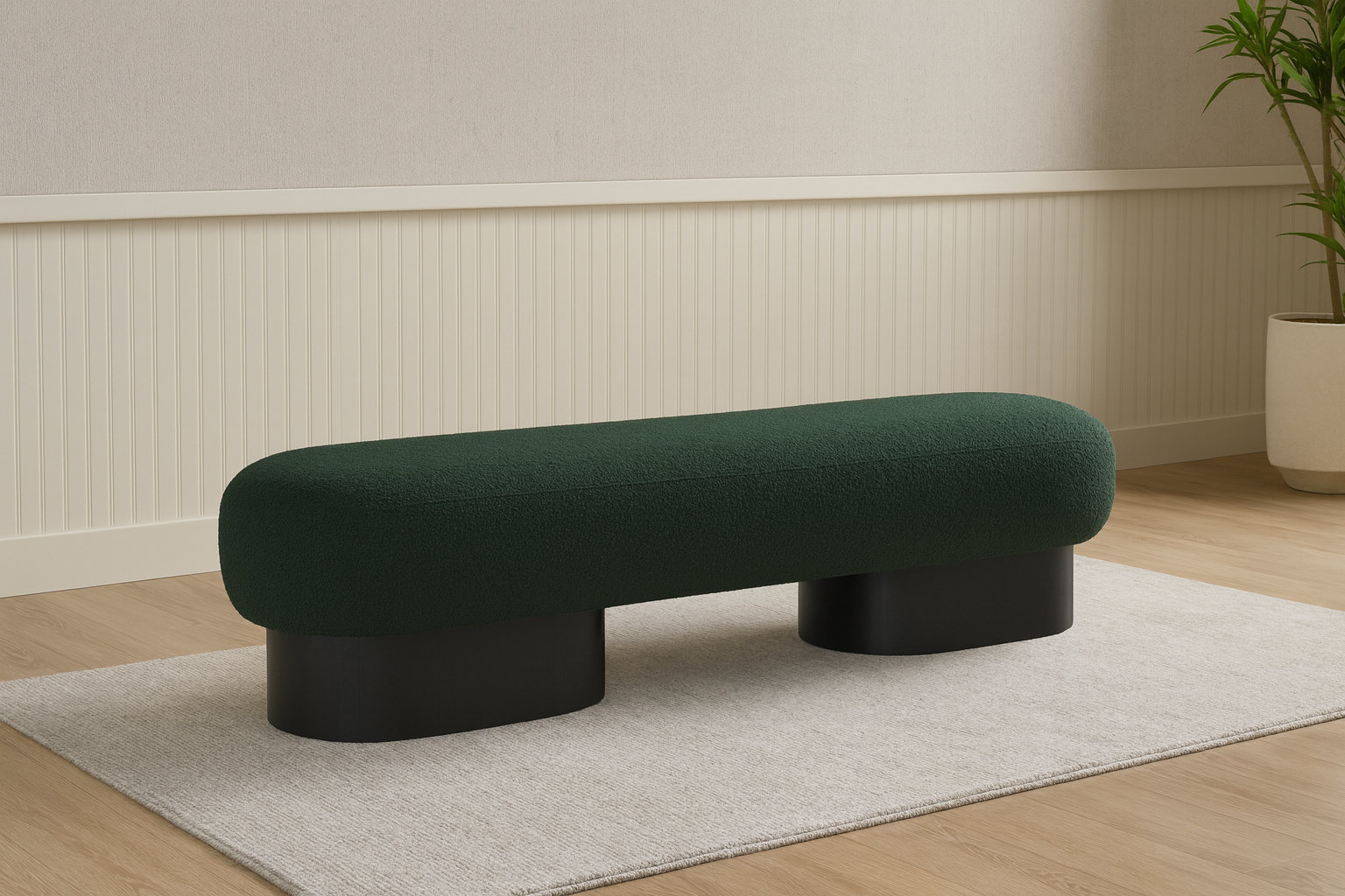 Denyer 61" Bedroom Bench, Green Boucle Fabric, Black
