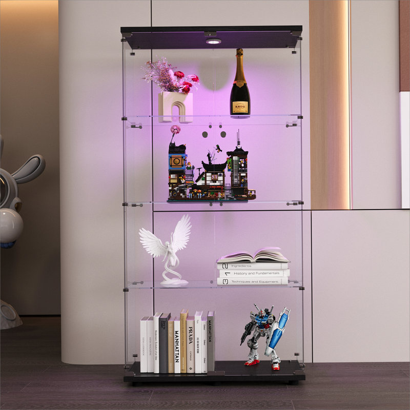 Two-door LED lights  Glass Display Cabinet 4 Shelves with Door, Floor Standing Curio Bookshelf for Living Room Bedroom Office,  64.7"*31.7"*14.3",Black