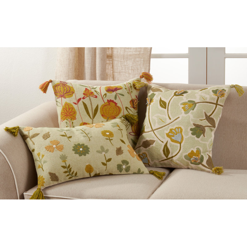 Embroidered Floral Cotton 24" x 16" Throw Pillow with Colorful Tassels