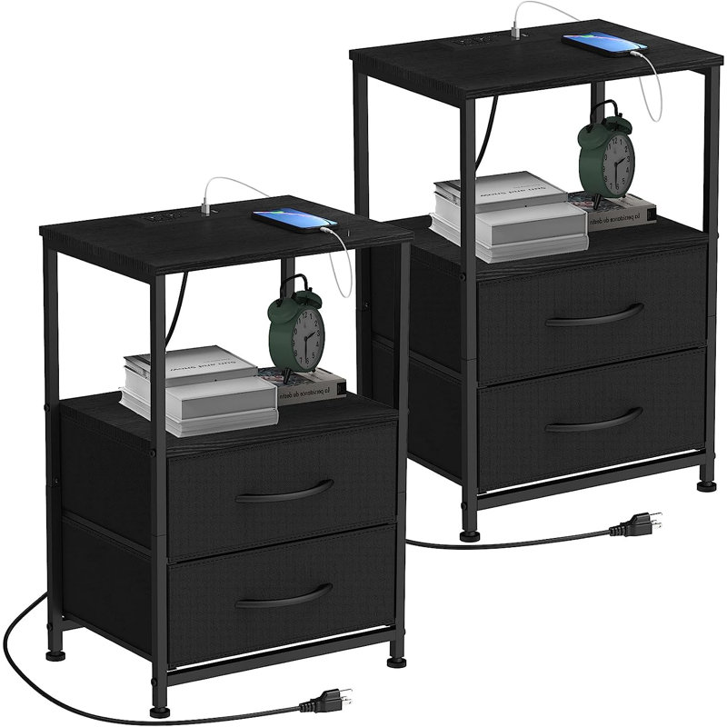 2 - Drawer End Table Set and Built-In Outlets, Black