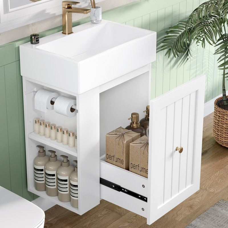 20-inch Bathroom Vanity With Smooth Ceramic Basin, Drawer Cabinet, Side Compartment & Design For Small Bathrooms